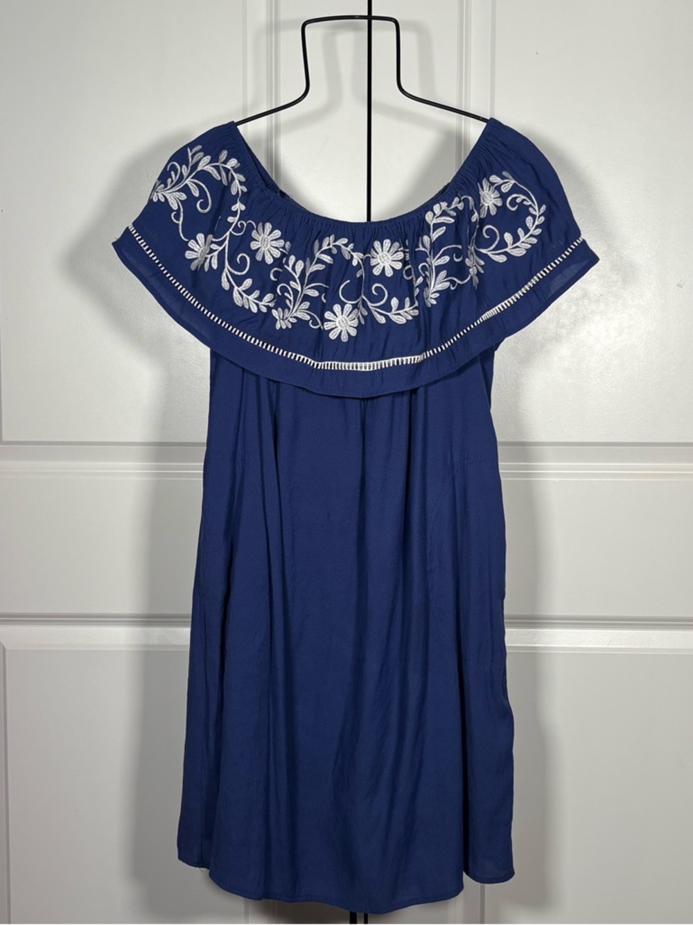 Altar'd State Navy Blue Off-Shoulder Embroidered Dress